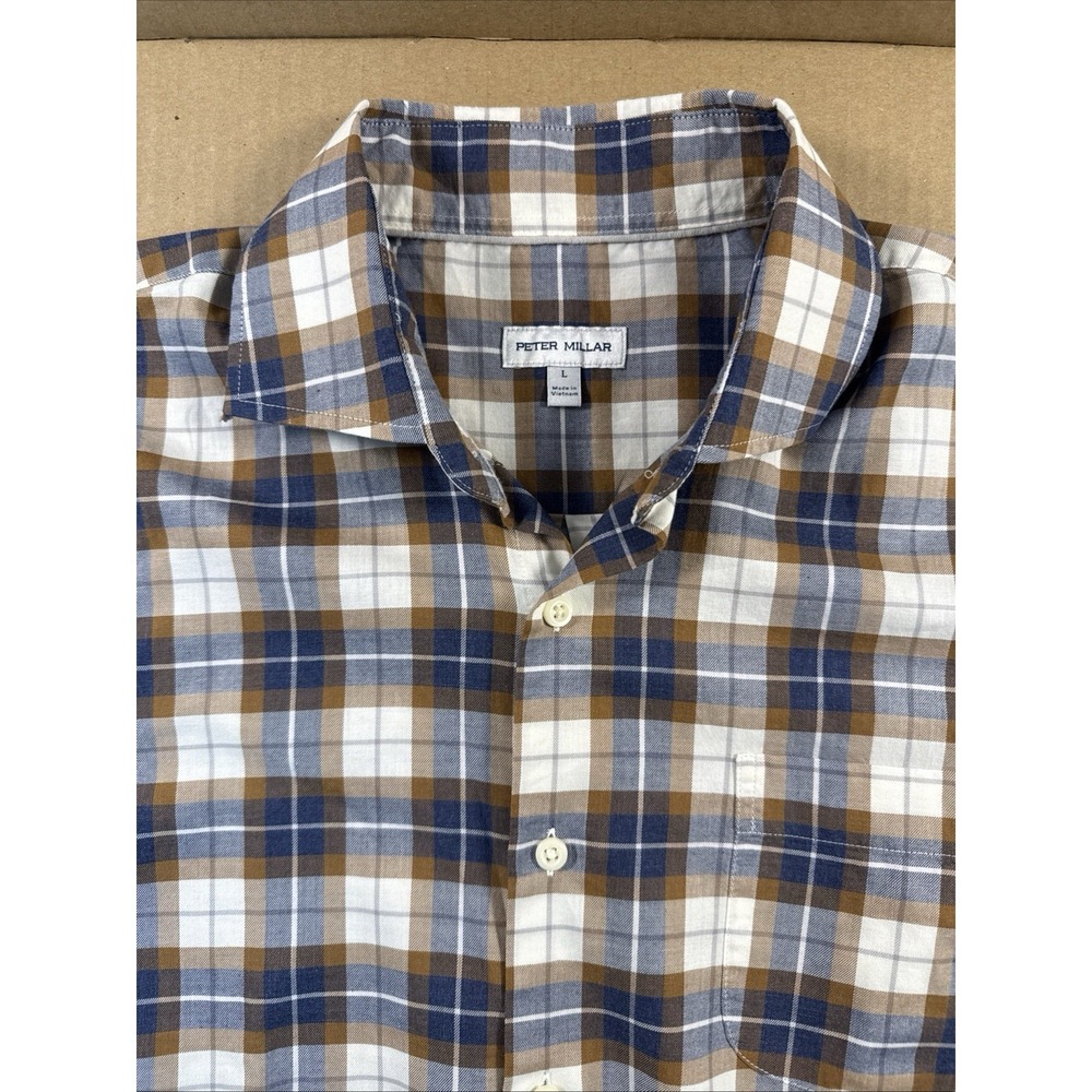 Peter Millar Mens Large Button Down Shirt Blue Plaid 100% Cotton Casual business